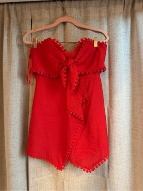 Selfie Leslie Red Strapless Romper with Pom-Pom Trim
